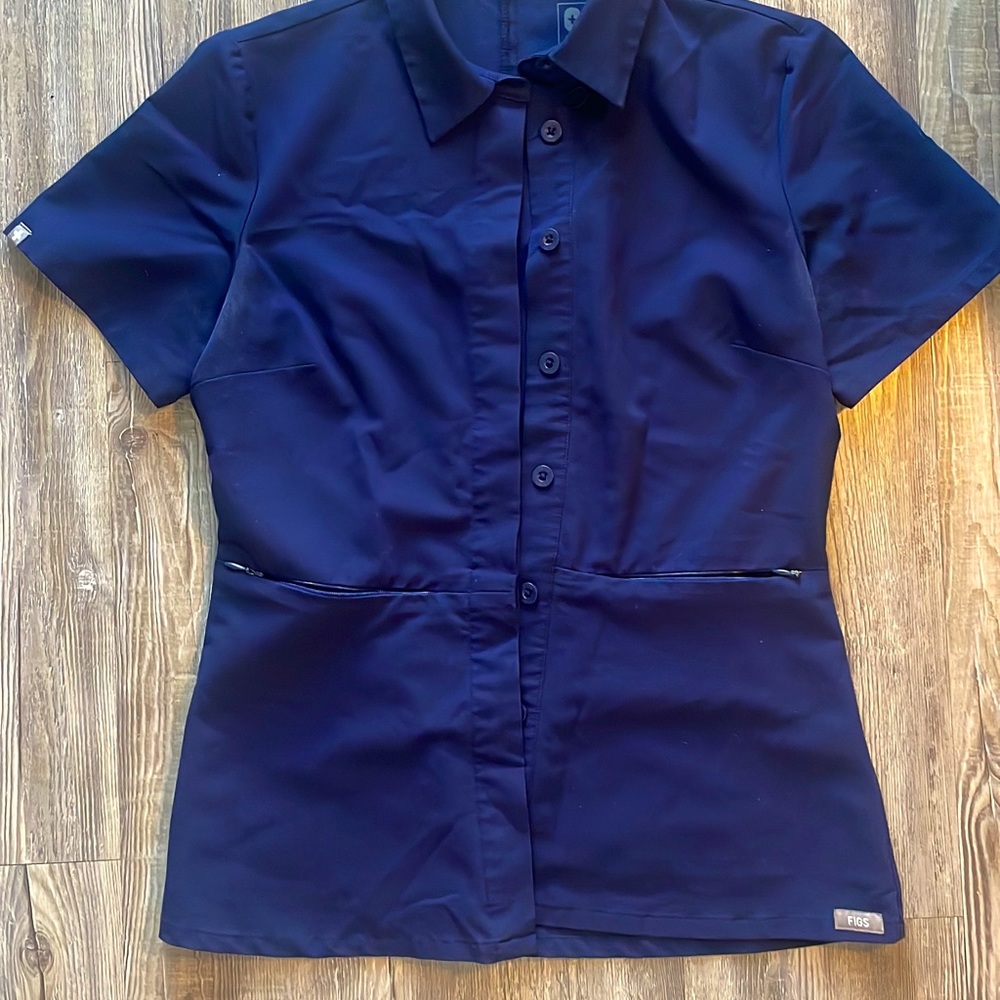 Figs Collared Button Down Scrub Top | XS | Navy Blue